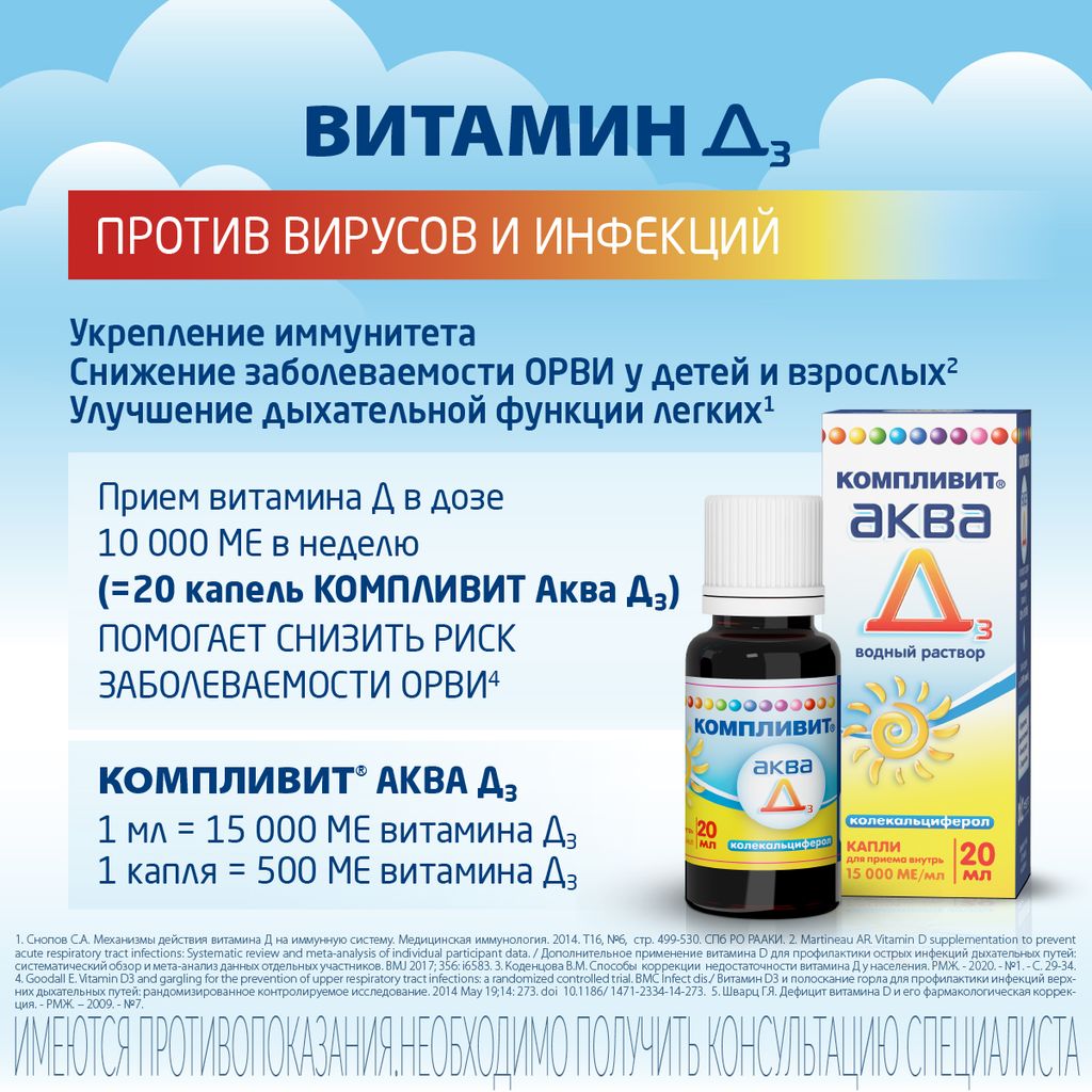 Компливит Аква Д3, 15000 МЕ/мл, капли для приема внутрь, витамин Д3, 20 мл, 1 шт.