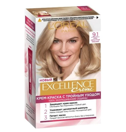 Loreal Paris Excellence Creme Крем-краска для волос, краска для волос, тон 9.1 очень светло-русый пепельный, 1 шт.