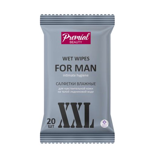 Premial Влажные салфетки для мужской интимной гигиены, салфетки влажные, для чувствительной кожи, 20 шт.